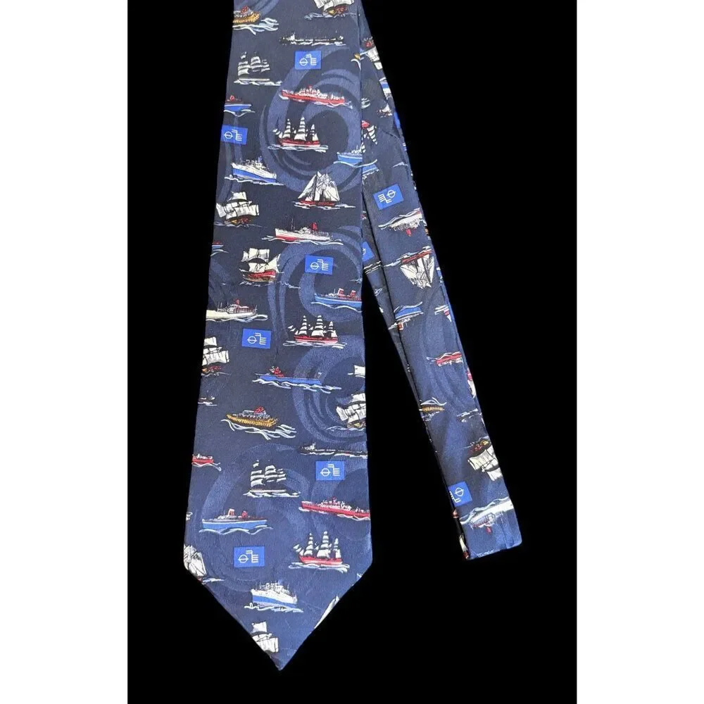 Wembley Men’s 109% Silk Tie All Over Boat Pattern Navy Blue 58” Nautical Career